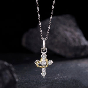 Cross Rope Heart Pave CZ Pendant Necklace