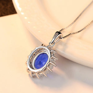 Royal Sapphire Blue Oval Halo Charm Necklace
