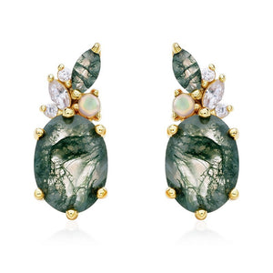 Natural Oval Moss Agate Cluster Stud Earrings