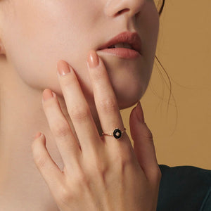Dainty Royal Oval Black Onyx Floral Open Ring