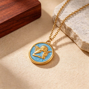 Blue Enamel Cherub Angel Pendant Necklace