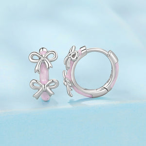 Pink Enamel Dual Bow Huggie Hoop Earrings