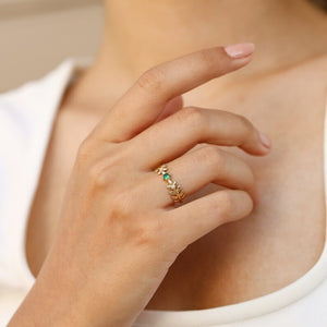 Green CZ Textured Olive Leaf Twig Band Ring