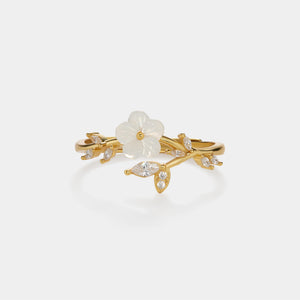 White Mother Of Pearl Flower Vine Open Ring