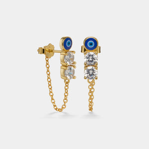 Blue Evil Eye CZ Dangle Chain Stud Earrings