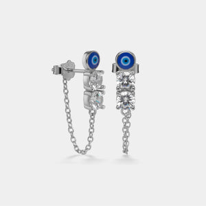 Blue Evil Eye CZ Dangle Chain Stud Earrings