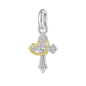 Cross Rope Heart Pave CZ Pendant Necklace