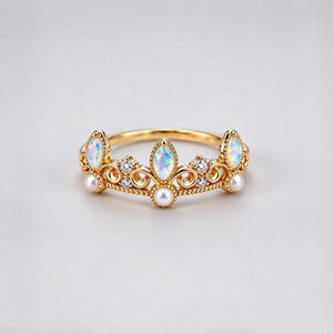 Royal Triple Opal Pearl Crown Tiara Band Ring