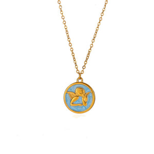 Blue Enamel Cherub Angel Pendant Necklace