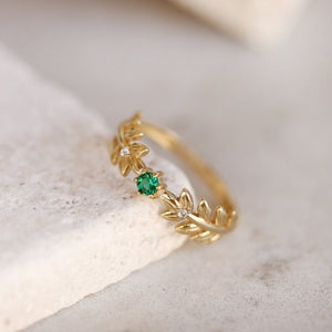 Green CZ Textured Olive Leaf Twig Band Ring