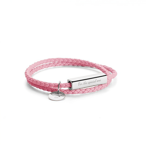 Pink braided bracelet with silver tag on a white background
