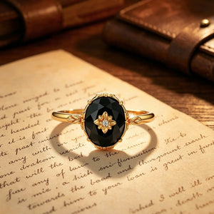 Dainty Royal Oval Black Onyx Floral Open Ring