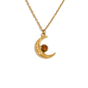 Dainty Moon Tiger Eye Stone Charm Necklace