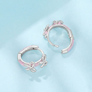Pink Enamel Dual Bow Huggie Hoop Earrings