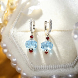 Blue Topaz Fluted Lantern Drop Hoop Earrings