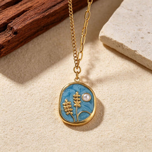 Botanical Blue Enamel Pearl Charm Necklace