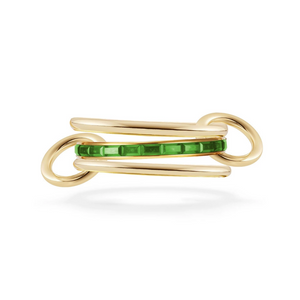 Gold tone triple interlocked linked ring, channel set vivid emerald green baguette cut gemstone center band, minimalist modern stackable statement jewelry for women daily wear