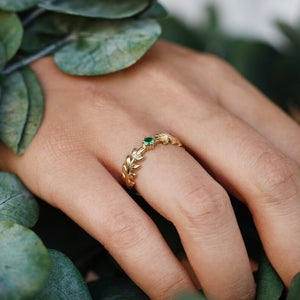 Green CZ Textured Olive Leaf Twig Band Ring