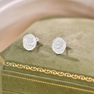 Carved Rose Floral Oval Cameo Stud Earrings