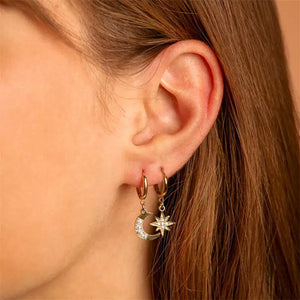 Asymmetric Moon Star Drop Hoop Earrings