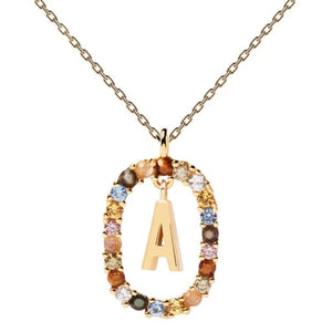 Rainbow CZ Oval Initial Letter Halo Necklace
