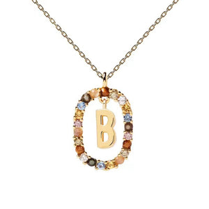 Rainbow CZ Oval Initial Letter Halo Necklace