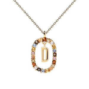 Rainbow CZ Oval Initial Letter Halo Necklace
