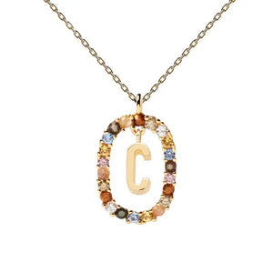 Rainbow CZ Oval Initial Letter Halo Necklace