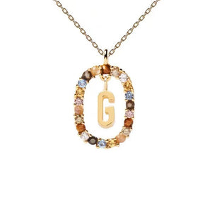Rainbow CZ Oval Initial Letter Halo Necklace