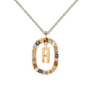 Rainbow CZ Oval Initial Letter Halo Necklace