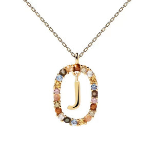 Rainbow CZ Oval Initial Letter Halo Necklace