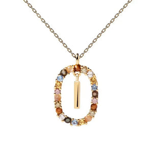 Rainbow CZ Oval Initial Letter Halo Necklace