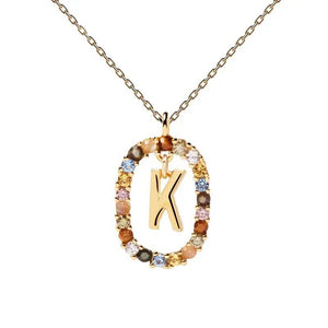 Rainbow CZ Oval Initial Letter Halo Necklace