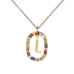 Rainbow CZ Oval Initial Letter Halo Necklace