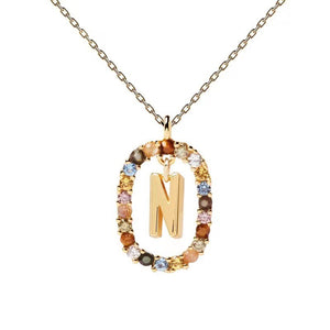 Rainbow CZ Oval Initial Letter Halo Necklace