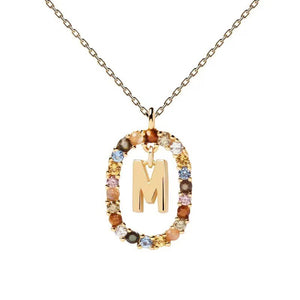 Rainbow CZ Oval Initial Letter Halo Necklace
