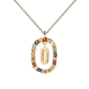 Rainbow CZ Oval Initial Letter Halo Necklace