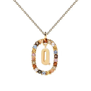 Rainbow CZ Oval Initial Letter Halo Necklace