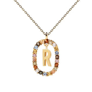 Rainbow CZ Oval Initial Letter Halo Necklace