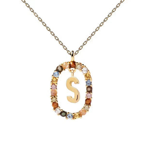 Rainbow CZ Oval Initial Letter Halo Necklace