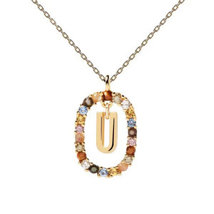 Rainbow CZ Oval Initial Letter Halo Necklace