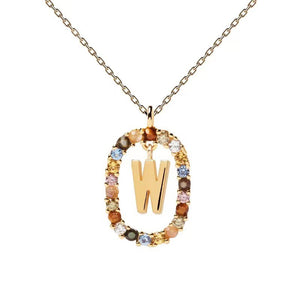 Rainbow CZ Oval Initial Letter Halo Necklace