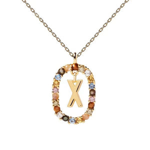 Rainbow CZ Oval Initial Letter Halo Necklace
