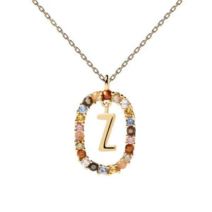 Rainbow CZ Oval Initial Letter Halo Necklace