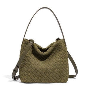 Woven Leather Suede Hobo Shoulder Handbag