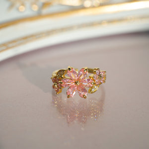 Pink CZ Cherry Blossom floral Leaf Warp Ring