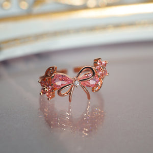 Pink CZ Bow Knot Flower Leaf Adjustable Ring