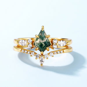 Kite-Cut Moss Agate Crystal Crown Ring Set