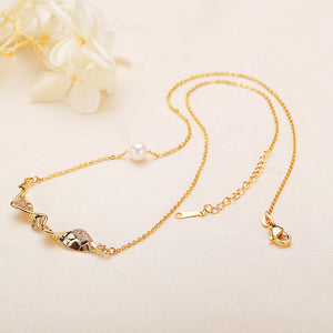 Asymmetric Wave Ribbon Pearl Lariat Necklace