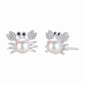 Dainty Silver Pearl Crab Stud Earrings